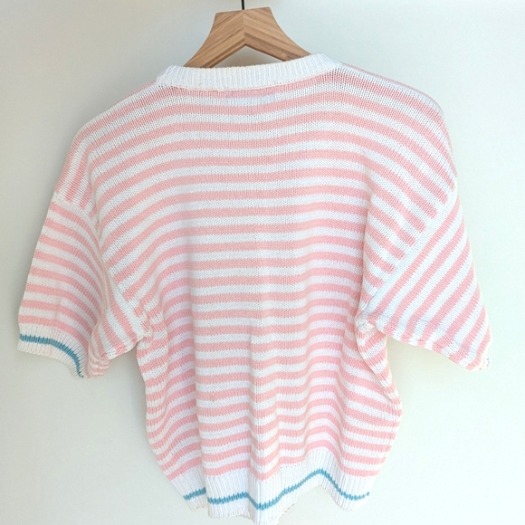 Vintage Pastel Pink and Blue Striped Knit Short Sleeve Sweater Top - Picture 2 of 4